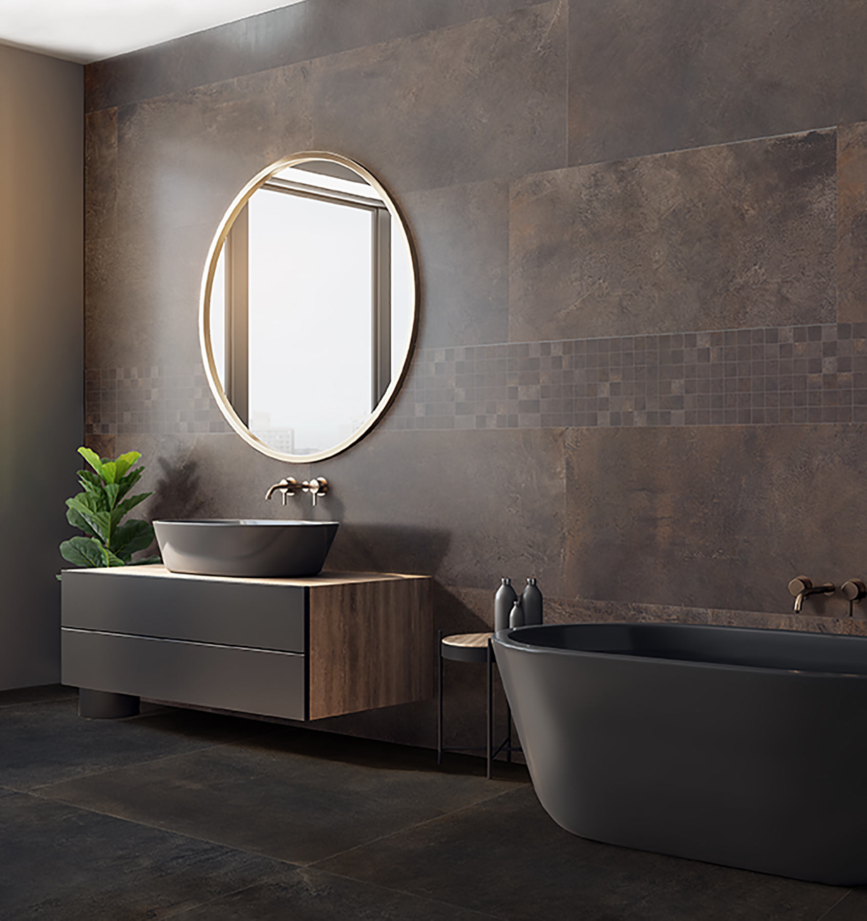 Side view of black orange bathroom interior with decorative tree, bath tub, sink, round mirror, sunlight and copy space. 3D Rendering