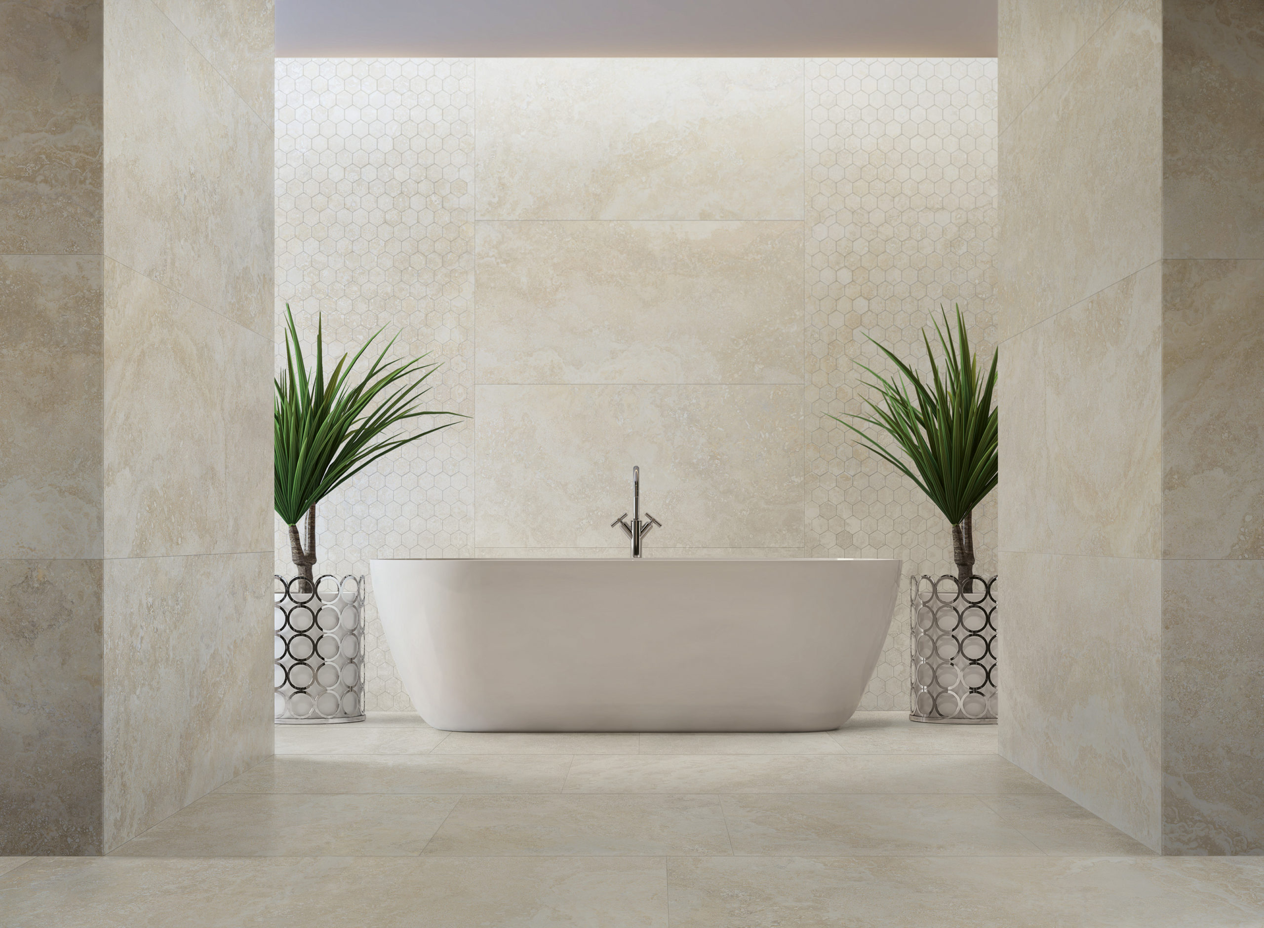 Luxury bathroom 3d render,There are black and white marble tile wall and floor.Decorate with chrome tree pot.